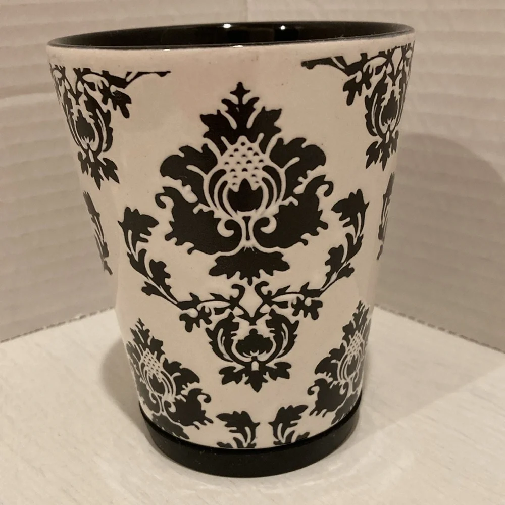 Pier 1 White and Black Damask Design Handpainted Stoneware Mug Cup
